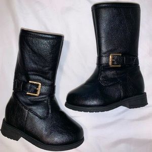 Toddler leather winter boots black with gold detail, round toe.